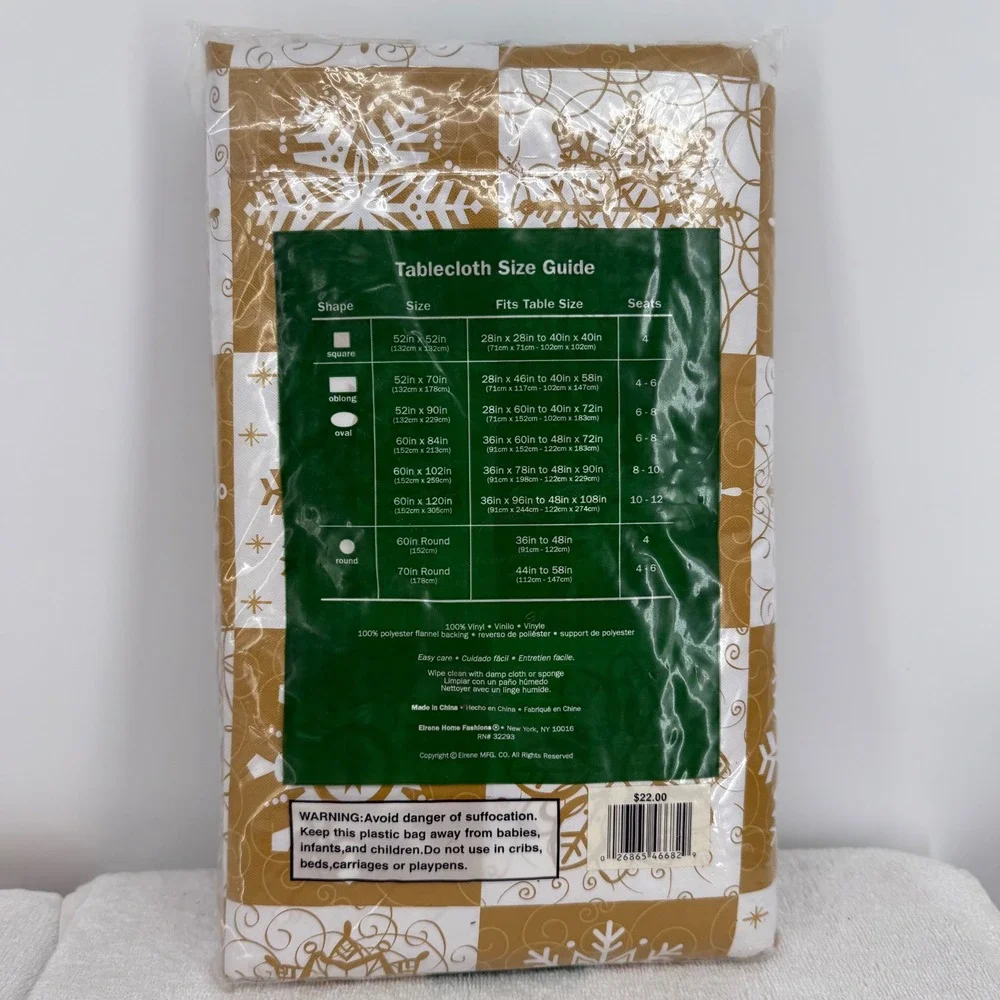 Vtg NOS‎ Holiday Vinyl Tablecloth Gold Snowflake Poinsettia 60in x 102in Oblong